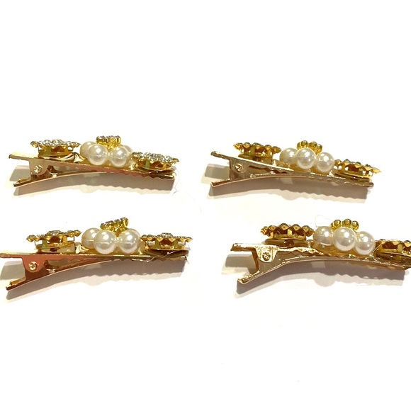 Set Of 4 Rhinestone Hair Clips Barrettes Gold Tone Updos Pearl Flo… - Picture 2 of 6